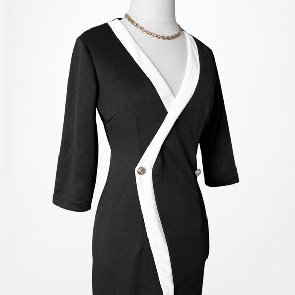 Black Button Front Colorblock Knit Front Slit Bodycon Maxi Dress Size S/M - Picture 7 of 7